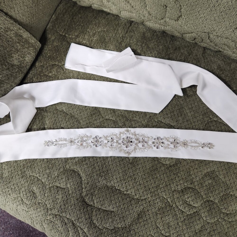 Bridal Dress Belt Ivory Satin with Silver Rhinestones and Crystals